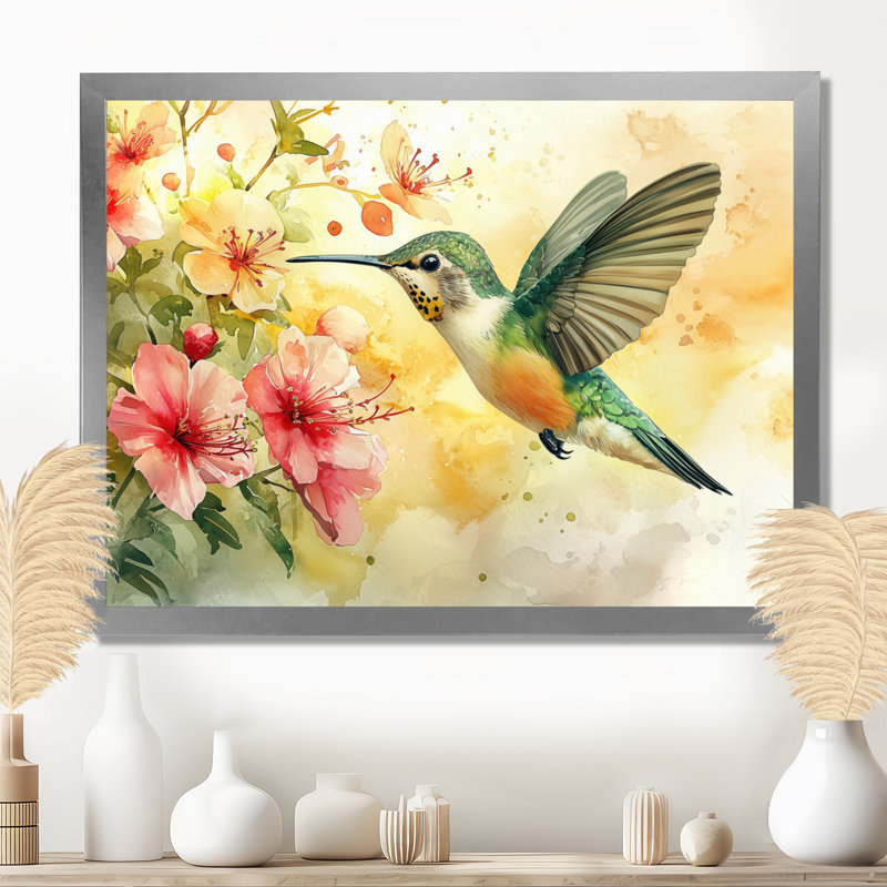 Colibri en vol I - oiseau, art mural, H 16 po x l 32 po, Avec cadre, Argent argent