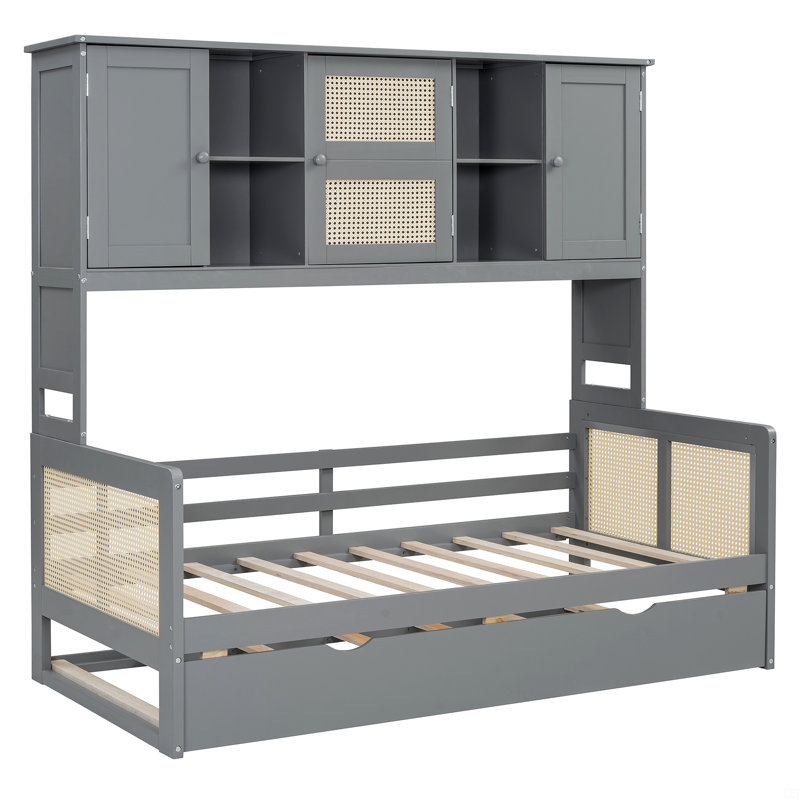 Lit de jour simple en bois avec lit gigogne simple, armoire et tablette tout-en-un, Lit simple, Gris