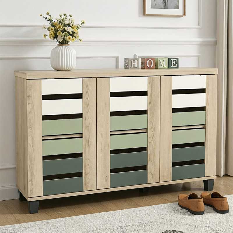 Armoire de rangement à chaussures 16 paires Lismore, Chêne Oslo / parchemin / vert sauge / vert chou f