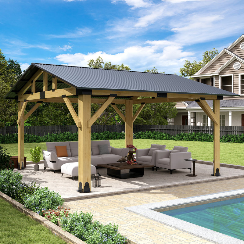 Outdoor Heavy Duty Wooden Gazebo with Galvanized Steel Hardtop Gazebo, 15' W x 13' D