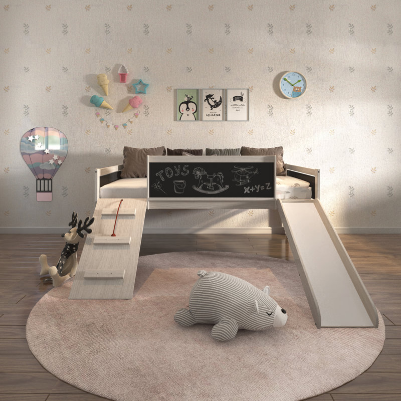Twin Loft Bed with Storage Drawer and Playful Slide in White Wash Pine