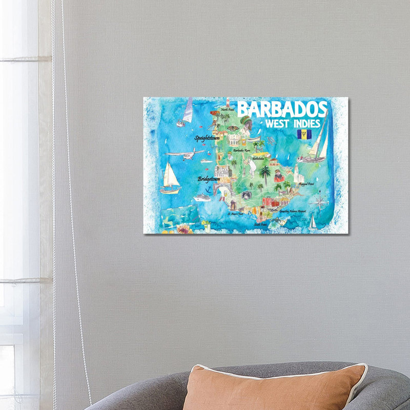 Barbados Antilles Illustrated Caribbean Map With Highlights Of West Indies Island Dream By Markus & Martina Bleichner - Wrapped Canvas Graphic Art by Markus & Martina Bleichner - Wrapped Canvas Gallery-Wrapped Canvas Giclée