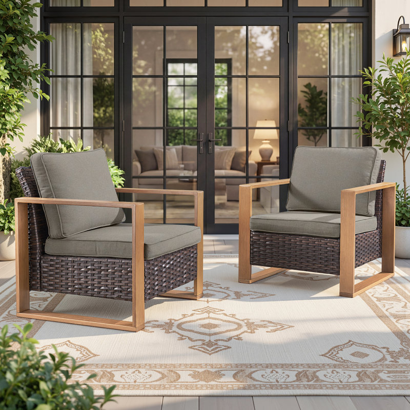Allcot Outdoor Patio Brown Wicker Chair With Cushions (2-Pack), Gray