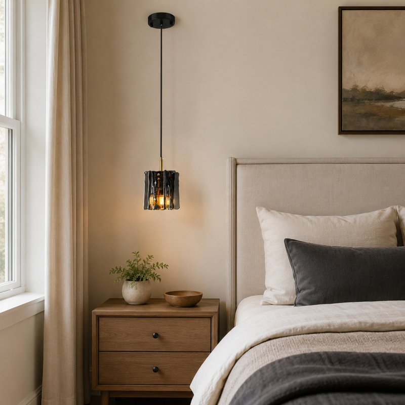 Mini-luminaire suspendu moderne en verre fumé 1 lumière avec finition noire et laiton