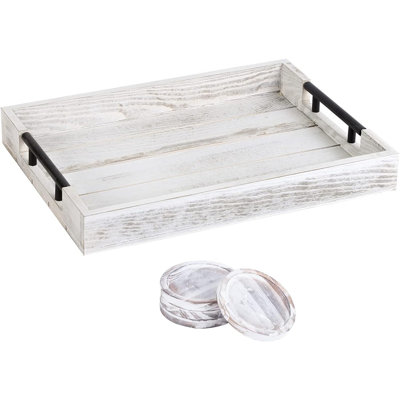 Plateau de repose-pieds en bois avec quatre sous-verres, plateau de petit-déjeuner avec poignées, décoration intérieure pour salon et table basse