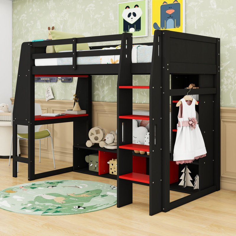 Wooden Loft Bed With Integrated Desk, LED Lighting And Storage Compartment, Twin, Black