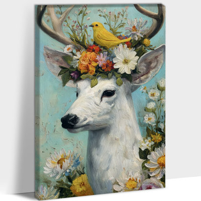 Grande affiche murale sur toile, cerf blanc avec couronne florale et oiseau jaune, peinture d'hiver pour la décoration intérieure, impressions sur toile de Noël, photo d'art mural animalier, décoration de chambre à coucher sans cadre, 20 po x 30 po