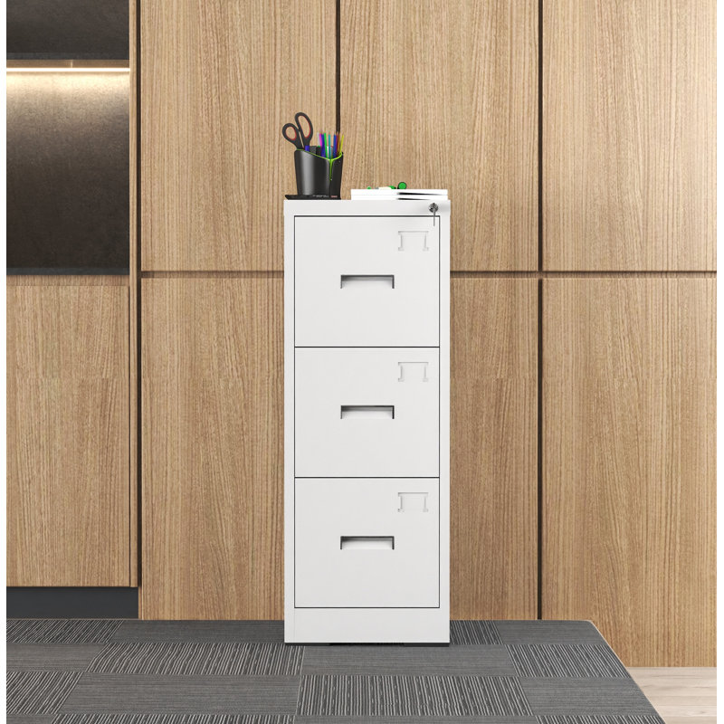 Classeur vertical en métal 3 tiroirs avec serrure et fente pour cartes, Blanc