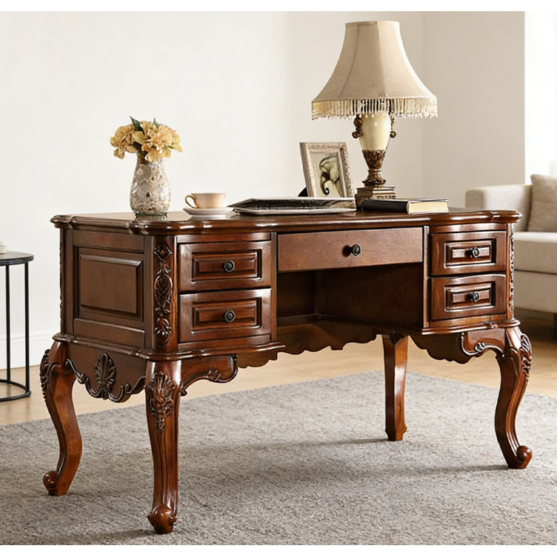 Bureau vintage en bois massif avec 5 tiroirs, H 31,5 po x l 47,24 po x P 25,59 po