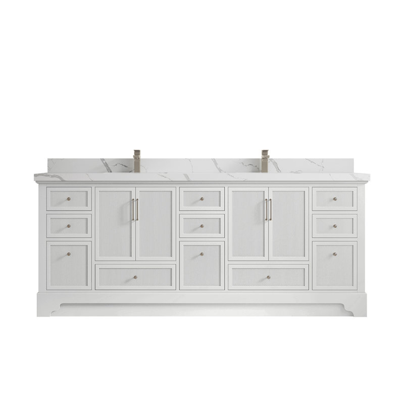 Alys l 84 po x P 22 po. Meuble-lavabo double Alys avec quartz 2 po (option poignées), Calacatta Laza