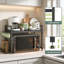 2-Tier Expandable Microwave Shelf, Adjustable Countertop Microwave Stand with Metal Cup Hooks and Wire Basket, Multi-Purpose Kitchen Bakers Rack Organizer