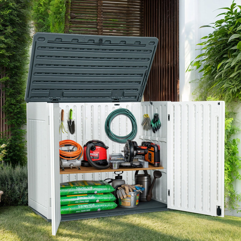 Outdoor Polyethylene Plastic Horizontal Storage Shed, Gray/White, 46.30" H x 53.20" W x 33.20" D 