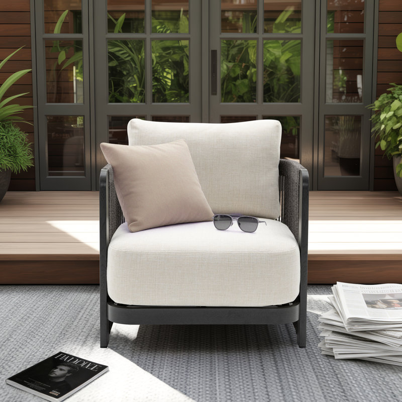 Modern Rope Woven Patio Chair with Aluminum Frame and Wood Grain;Weather-Resistant Outdoor Armchair for Pool and Garden（Only 1 Chair）