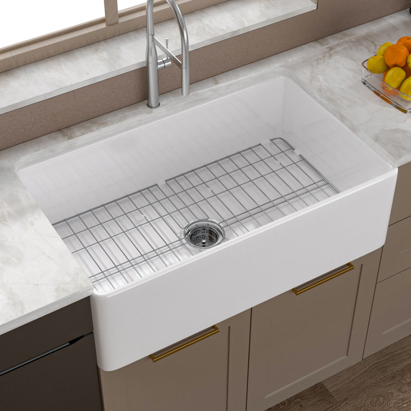 20" Fireclay Farmhouse Kitchen Sink with Sink Grid & Basket Strainer, 10" H x 20" W x 33" L, White