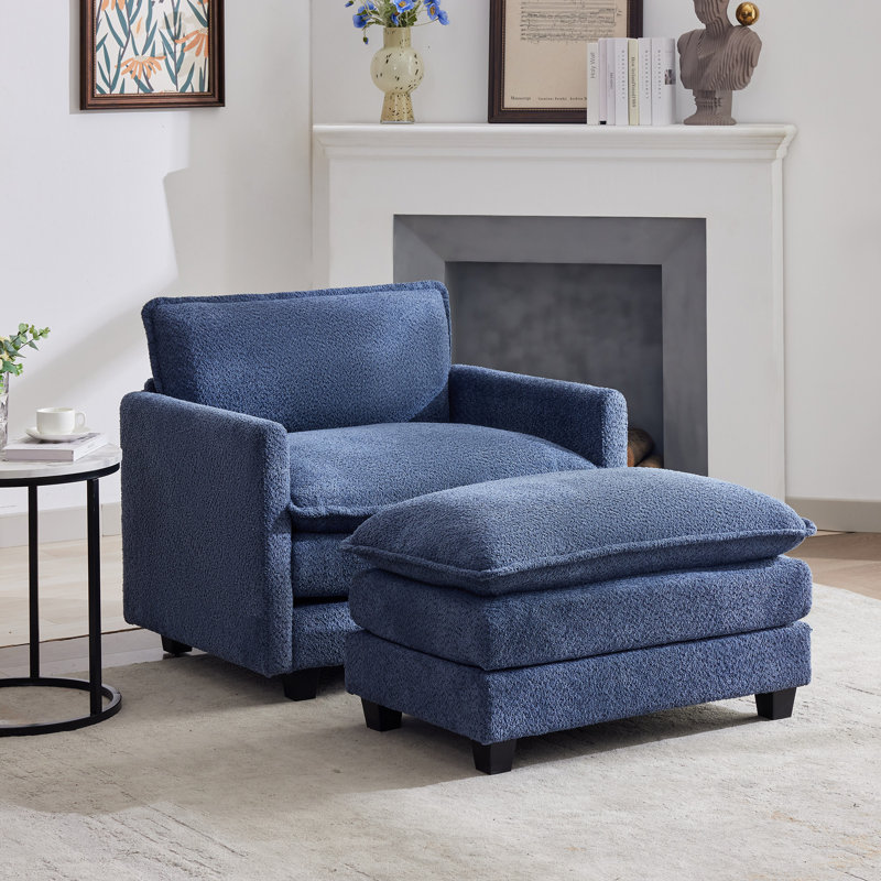 Fauteuil d'appoint rembourré avec repose-pieds Redenius Boucle, Mélange de polyester bleu marine