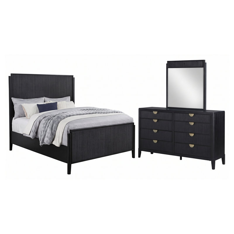 Ensemble de chambre à coucher Fernhollow Queen 3 pièces avec commode et miroir, en bois d'hévéa noir
