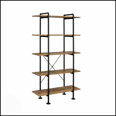 Bibliothèque rustique en chêne et noire à 5 tablettes avec beaucoup de rangement et une élégance moderne, parfaite pour la maison et le bureau.