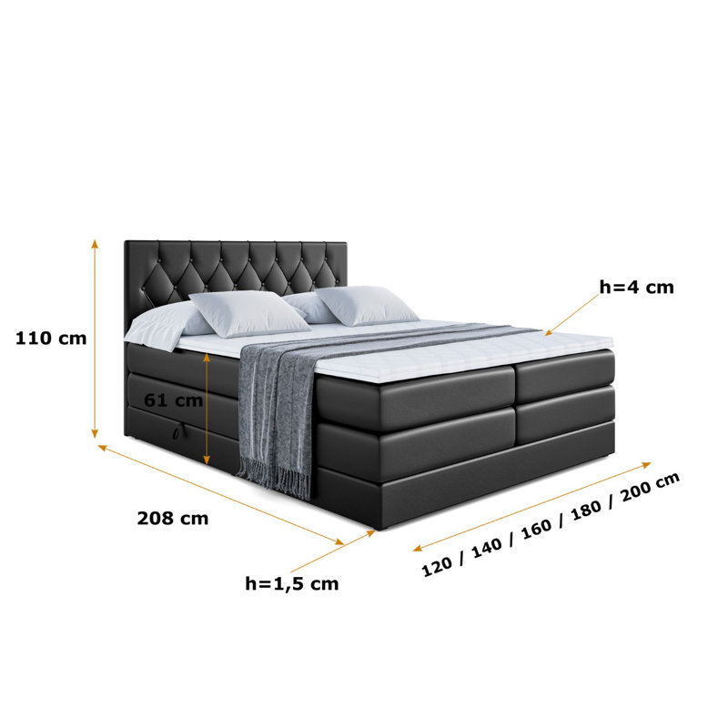 Bralon Bed with Mattress, 200 x 200 cm, Black
