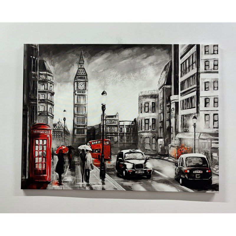 London-Inspired Telephone Box and Big Ben Landscape Art on Canvas for Abstract Wall Decor, Wrapped Canvas, 20 cm H x 30 cm W