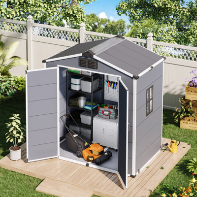 Remise de rangement en résine de 6 pi x 4 pi, remises extérieures imperméables renforcées en acier avec plancher et toit incliné résistant aux intempéries, remise à outils extérieure en plastique pour la cour de la piscine