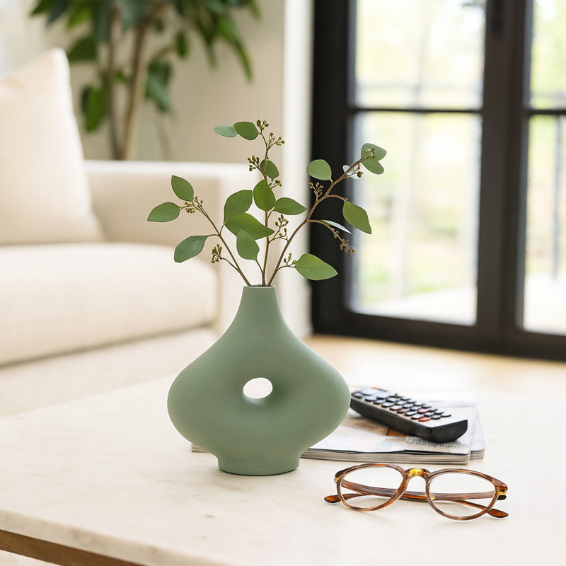 Modern Ceramic Abstract Table Vase for Home Decor - Contemporary Cutout Tall Flower Vase for Office, Tabletops, or Living Room - Green