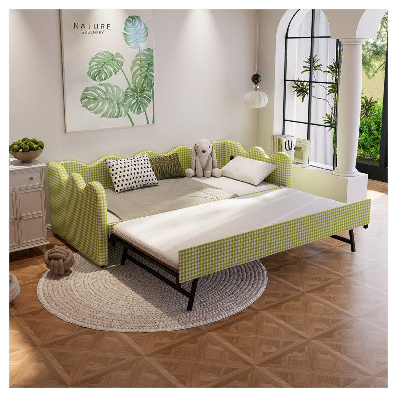 Canapé-lit convertible avec port USB, futon pliant une place pour petits espaces, salon et chambres d'amis, tissu blanc et vert avec structure en métal