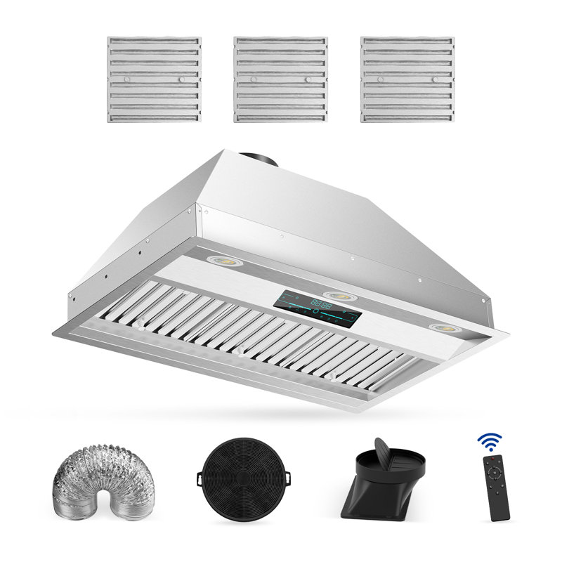 30" 900 CFM Insert Range Hood, 4 Speed Ultra-Quiet, Ducted/Ductless Convertible, Touch/Gesture/Remote Control, Timer, Delayed Shutdown, Dishwasher-Safe Stainless Steel Baffle Filters, Charcoal Filter, Adjustable LED Lights, Gray