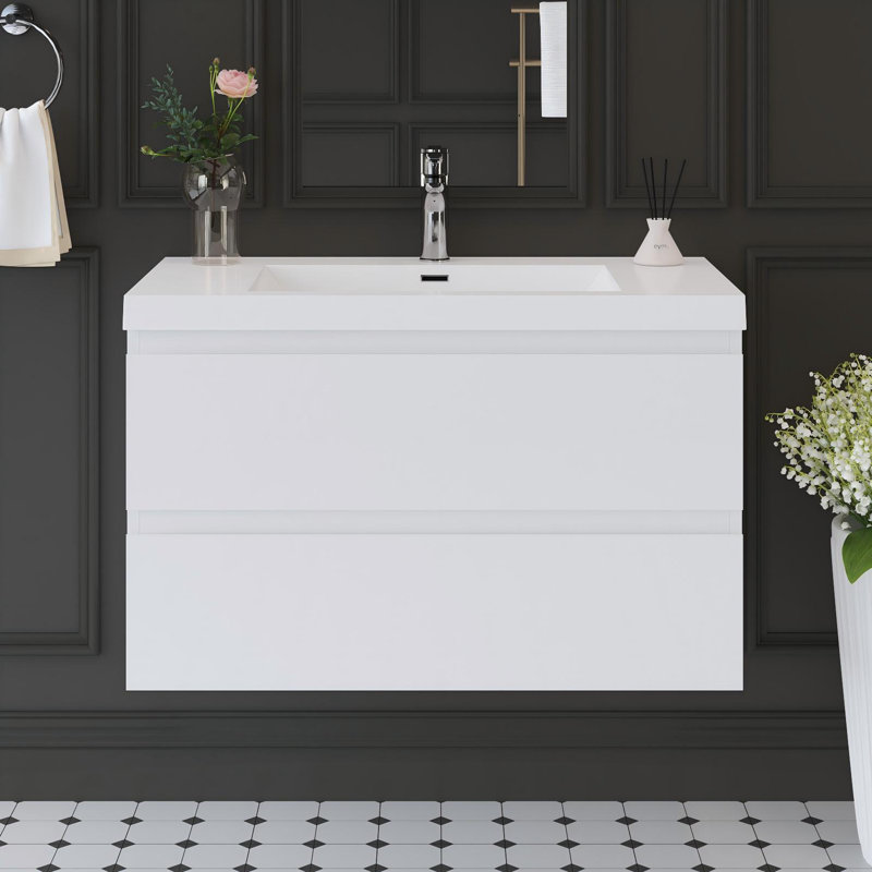 Meuble-lavabo mural moderne 36 po avec plateau en résine intégré, 2 tiroirs à fermeture en douceur et assemblage complet