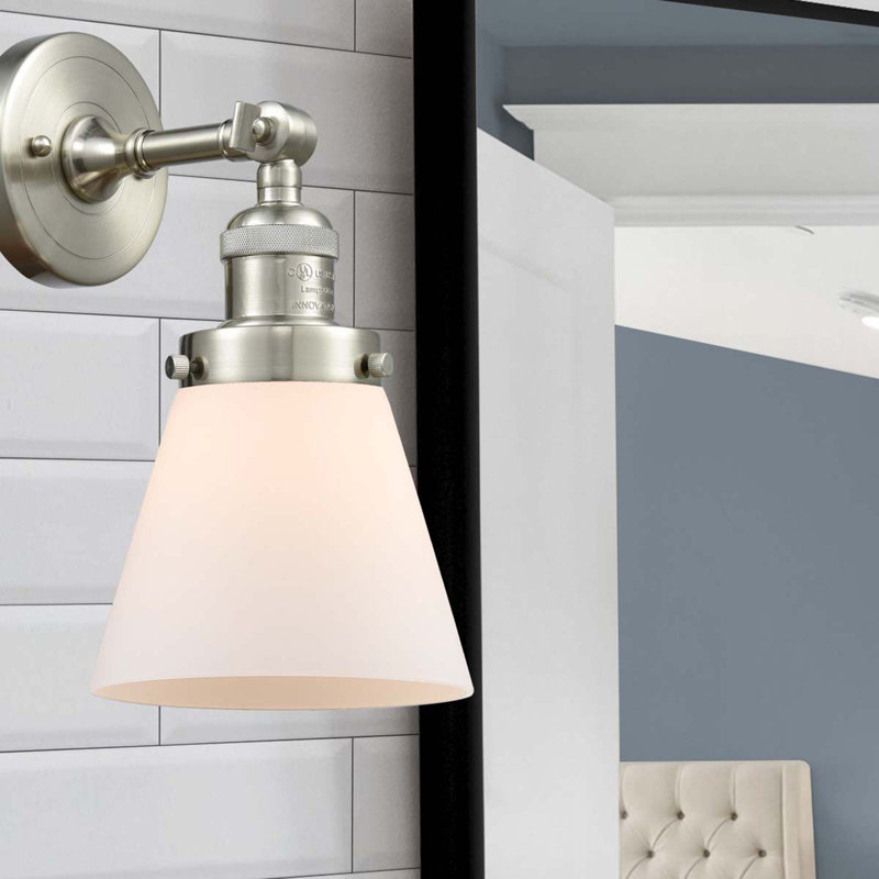 Cone 1 Light Sconce, Matte White Cased, 6 Watt Vinage LED Bulb, Brushed Satin Nickel