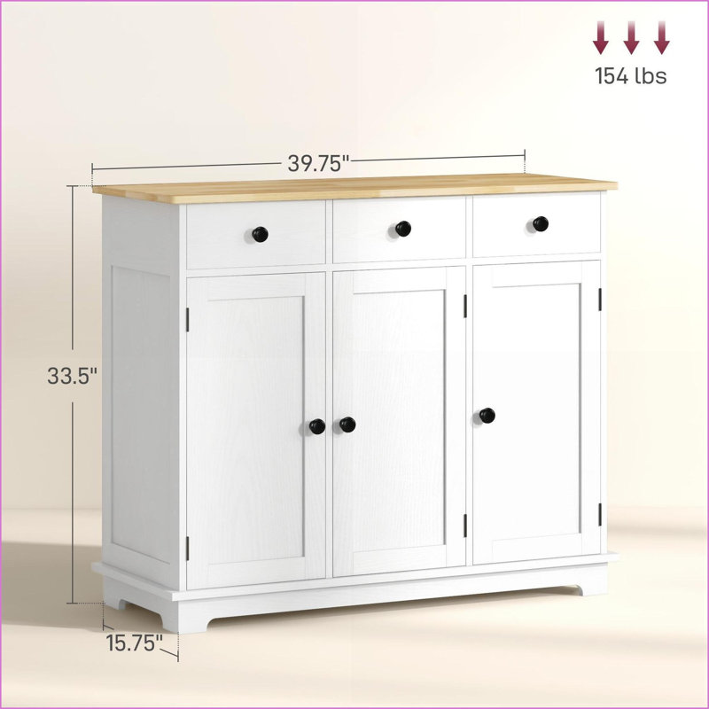 Buffet, armoire de rangement moderne blanc vieilli avec plateau en bois massif, 3 tiroirs Tablette réglable | Bois d'ingénierie | Surface facile à nettoyer