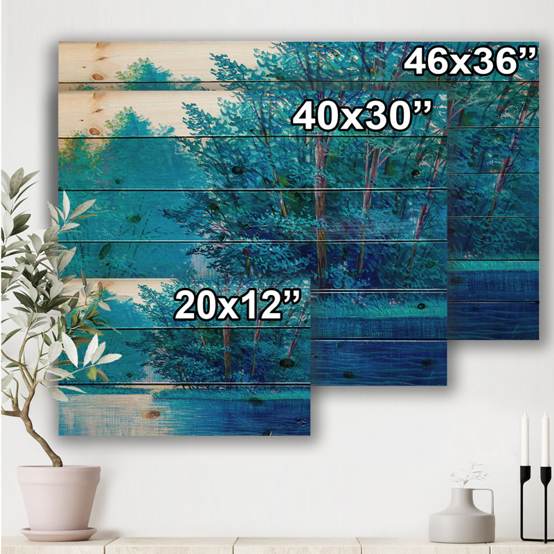 Forêt d'été avec rivière et cascade - reproduction d'art sur bois sans cadre, H 12 po x l 20 po x p 1 po