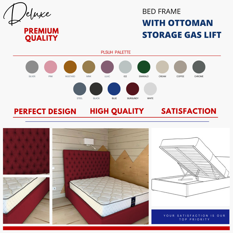 Upholstered Velvet Lift Up Storage Bed, Super King (6'), Red