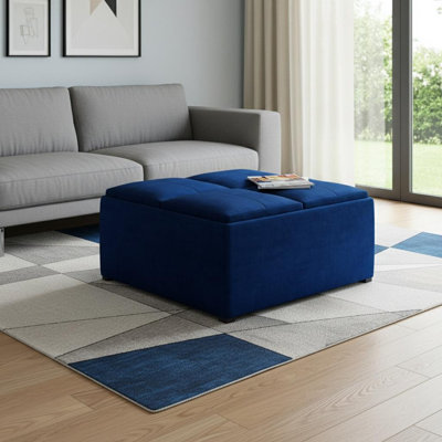 Pouf de rangement en velours bleu et noir de 89 cm (35 po)