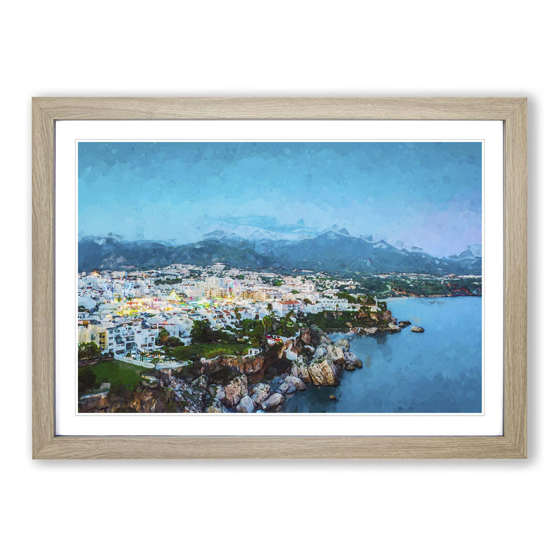 Skyline of Nerja in Spain in Abstract - Picture Frame Graphic Art Print on MDF, Oak Framed, 62cm H x 87cm W x 2cm D
