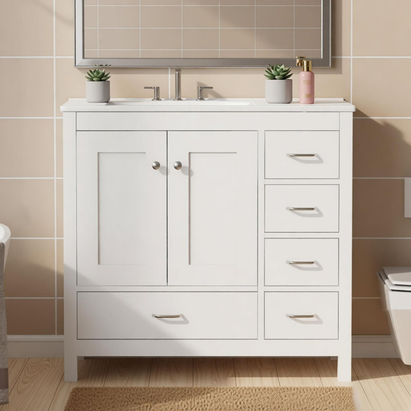 36" White Bathroom Vanity with Ceramic Sink Combo, Abundant Storage Cabinet -2 Soft-close doors and 5 drawers, White