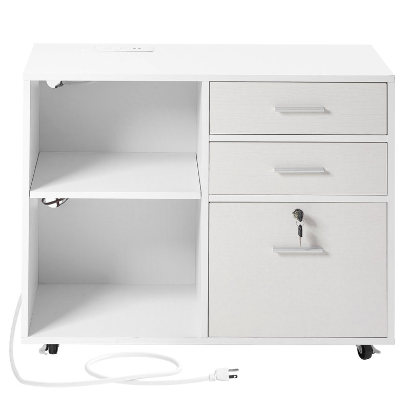 Classeur mobile blanc avec 3 tiroirs et éclairage - rangement spacieux pour imprimantes de livres, support à dossiers réglable, tiroir facile à nettoyer en bois avec tablettes ouvertes polyvalentes