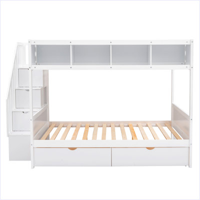 Twin Over Full Bunk Bed With Shelfs, Storage Staircase And 2 Drawers