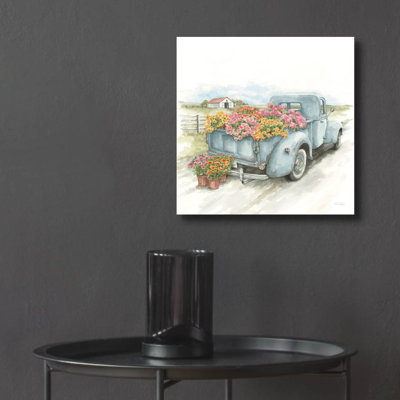 Truck With Flowers On Blue Sq' by Leslie Trimbach Acrylic Glass Wall Art