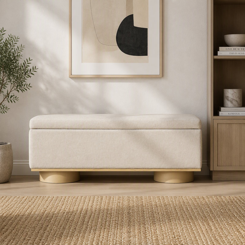 Banc de rangement moderne de 127 cm (50 po) en tissu d'avoine, pouf de bout de lit pour entrée ou chambre à coucher/salon