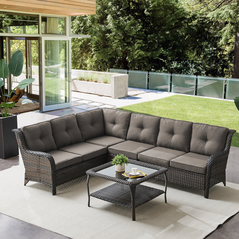 Canapé modulaire d'extérieur en osier en L avec coussins de 50,78 po de largeur Tonry, Brun, gris