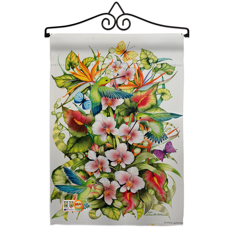 Splendeur d’orchidée avec oiseaux 2 faces polyester 18 x 13 po ensemble de drapeaux