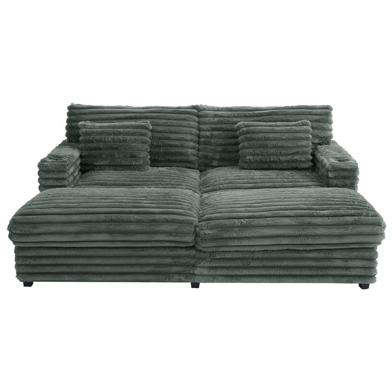 Très grand canapé-lit 83,5 po - Fourrure de lapin avec ports USB et porte-gobelets, Gris