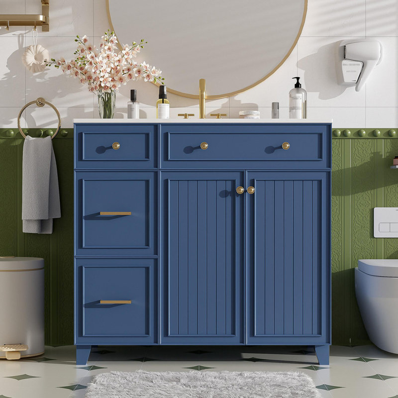 Meuble-lavabo de 36 po avec lavabo en céramique, tiroirs standard et double couche, portes à fermeture en douceur, tablettes réglables, armoire de rangement moderne pour petites et moyennes salles de bain
