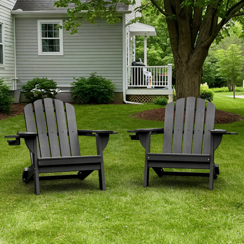 Fauteuil Adirondack pliable surdimensionné en PEHD résistant aux intempéries avec porte-gobelet, Noir