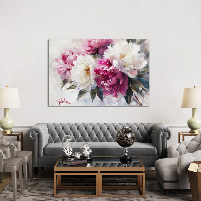 Blanc et rose pivoines - reproduction d'art murale encadrée, H 40 po x l 60 po, Toile tendue, Ne s’applique pas