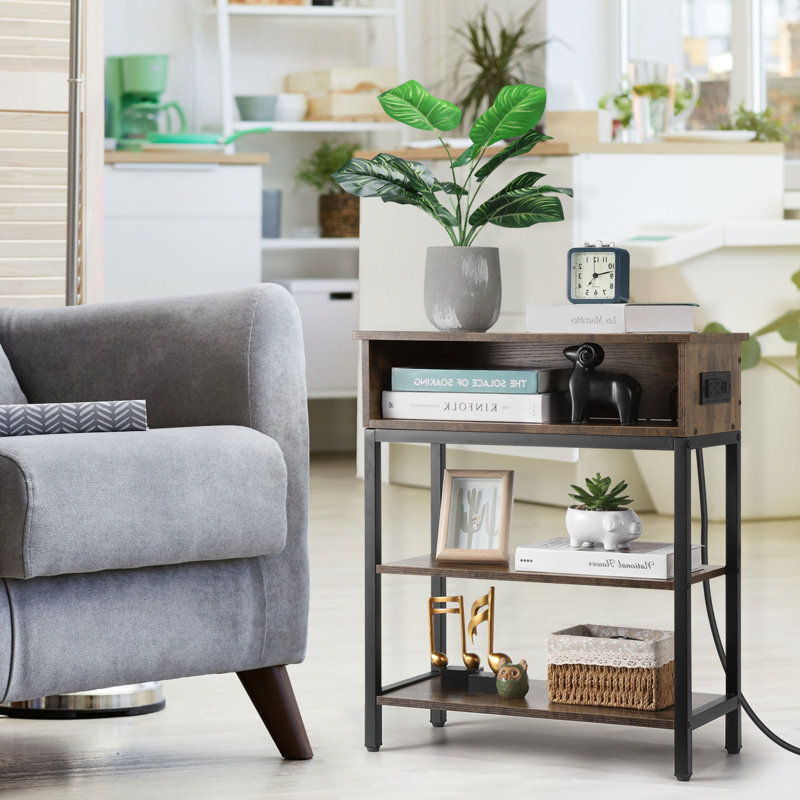 End Table and Built-In Outlets, Natural Top/Black Base