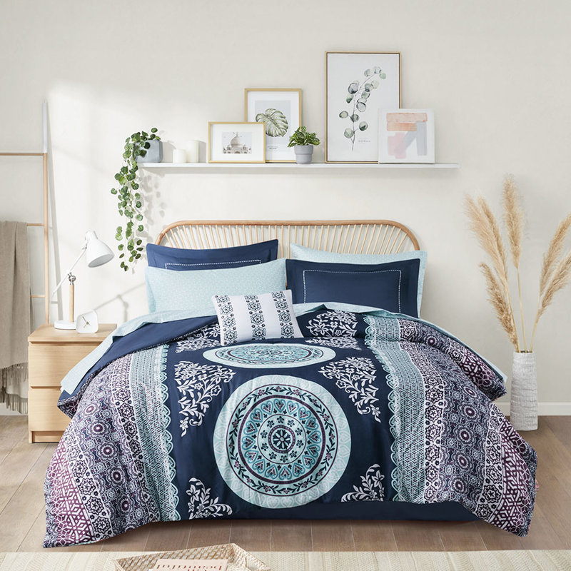 Édredon et drap-housse bleu marine, Édredon lit double + 8 pièces incluses, Marine