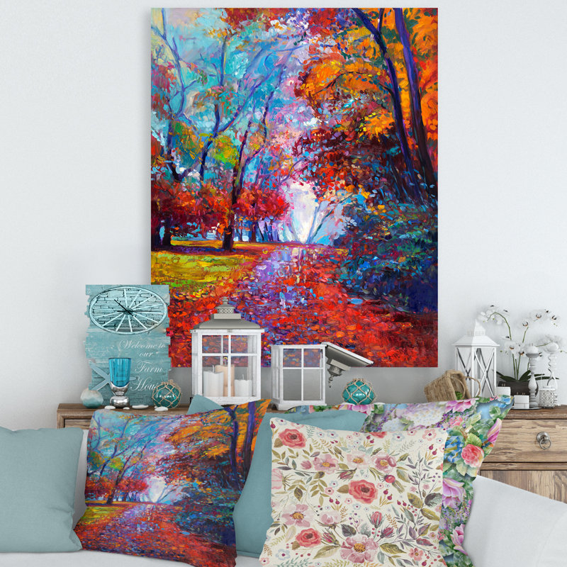 Petite route à travers le paysage d'automne rouge - peinture sur toile, H 20 po x l 12 po x P 1po, Toile tendue
