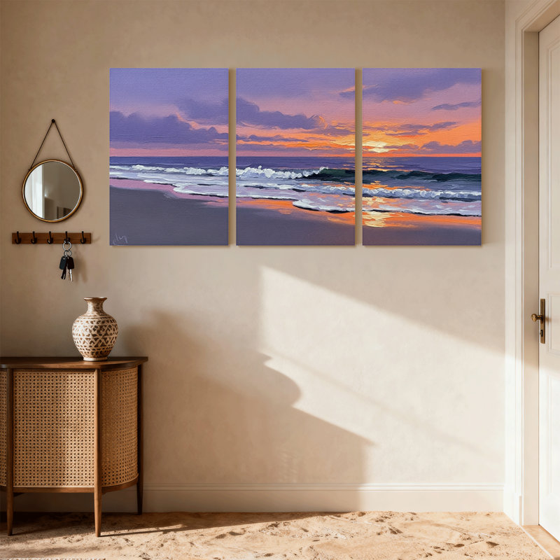Nautical & Beach Sunset Ocean Waves Sky Clouds Sand Reflection Set of 3 Canvas Wall Art Prints, 18" H x 36" W