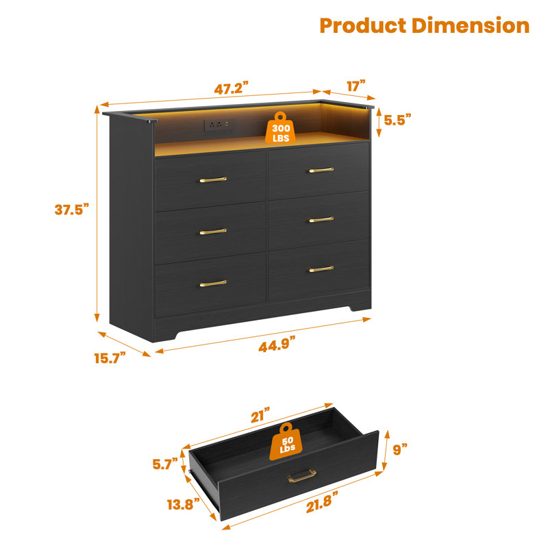 Commode 6 tiroirs pour chambre à coucher - Commode haute de 37 po avec éclairage à DEL et station de charge, armoire de rangement moderne avec tablette ouverte pour le salon, le vestibule, le couloir, noir